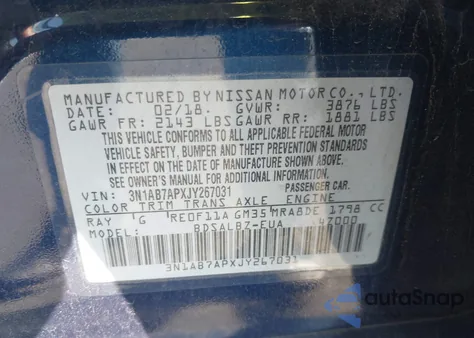 2018 Nissan Sentra S from USA, damaged, VIN 3N1AB7APXJY267031
